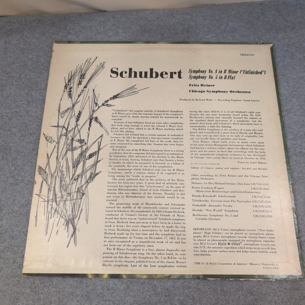 Schubert Unfinished Symphony No 8 & No 5 Fritz Reiner Chicago Symphony RCA LSC-2 - Picture 2 of 6